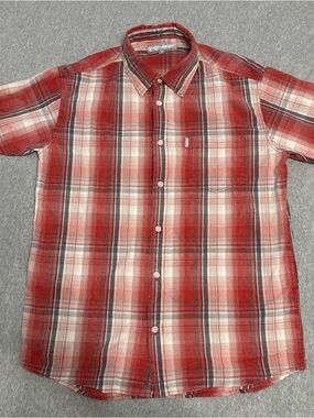 Men's Red Plaid Short-Sleeve Button-Down Shirt XL